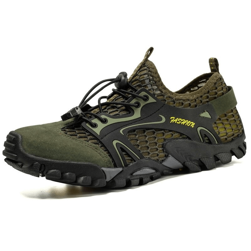 Stylish waterproof non-slip climbing sneakers for men in olive green, perfect for hiking with durable outsole and mesh design.